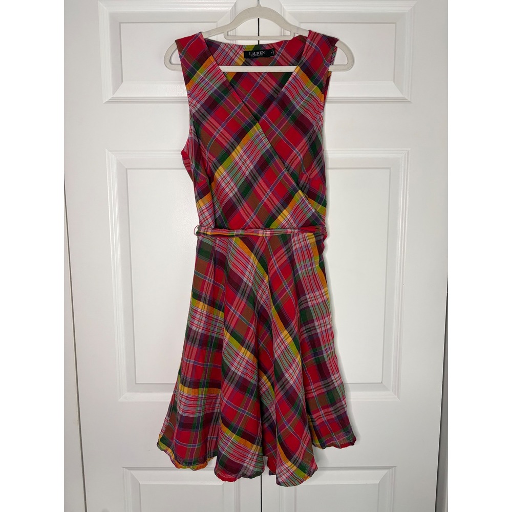 Lauren Ralph Lauren Plaid Cotton Wrap Dress Sleeveless Multi Color Red Size 8